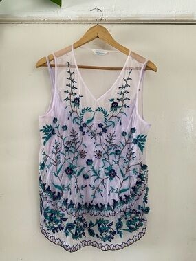 Sundance Lavender Sheer Tank with Teal & Navy Floral Embroidery